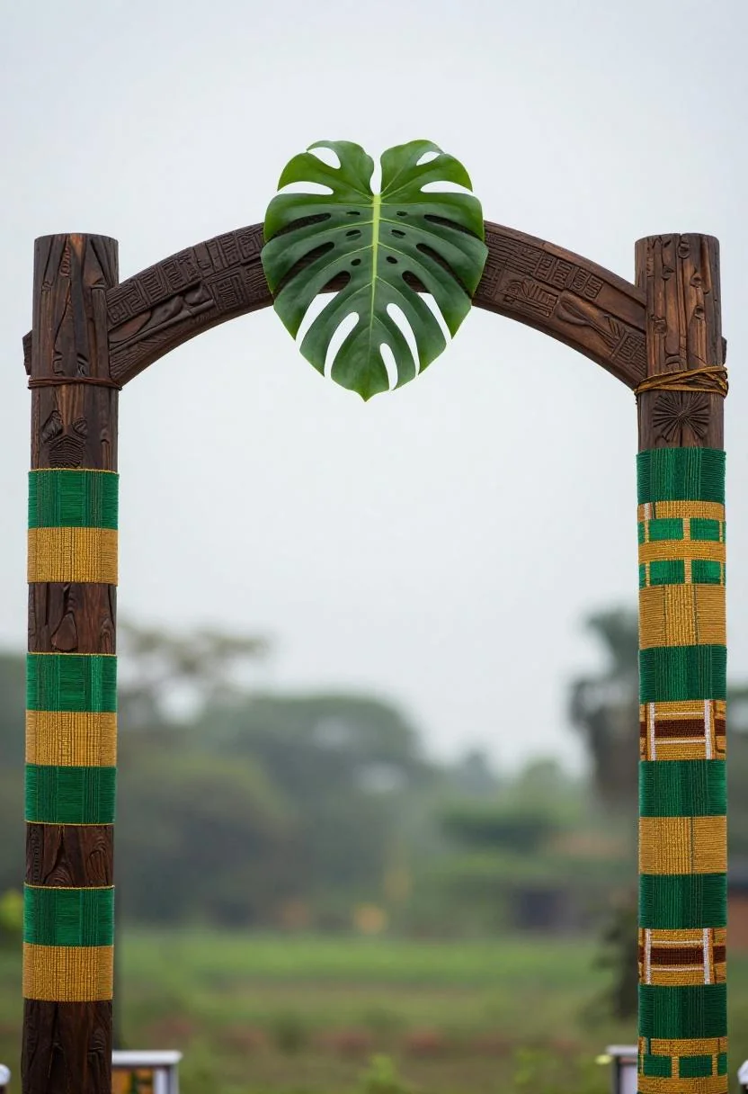 Afrohemian mahogany arch draped in jade and gold kente textile with monstera leaf crown