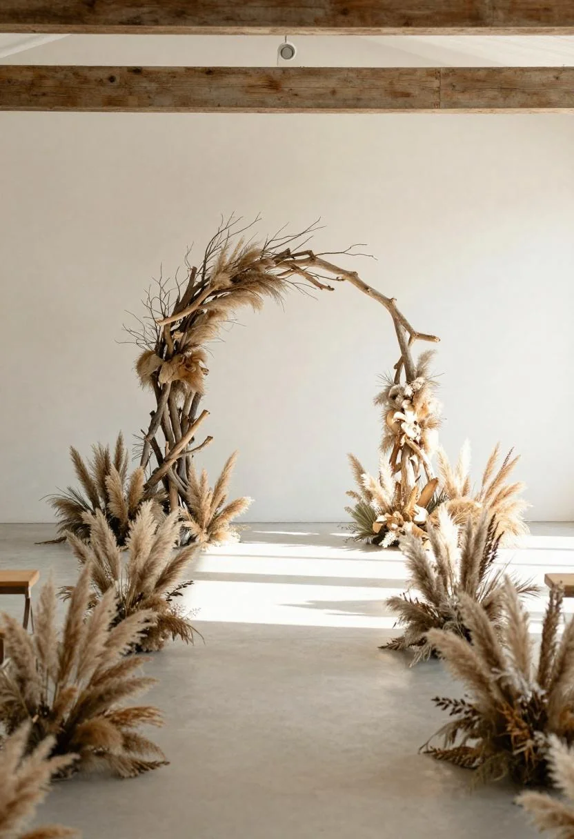 Raw oak branch arch with wasabi-toned pampas grass clusters at the base corners