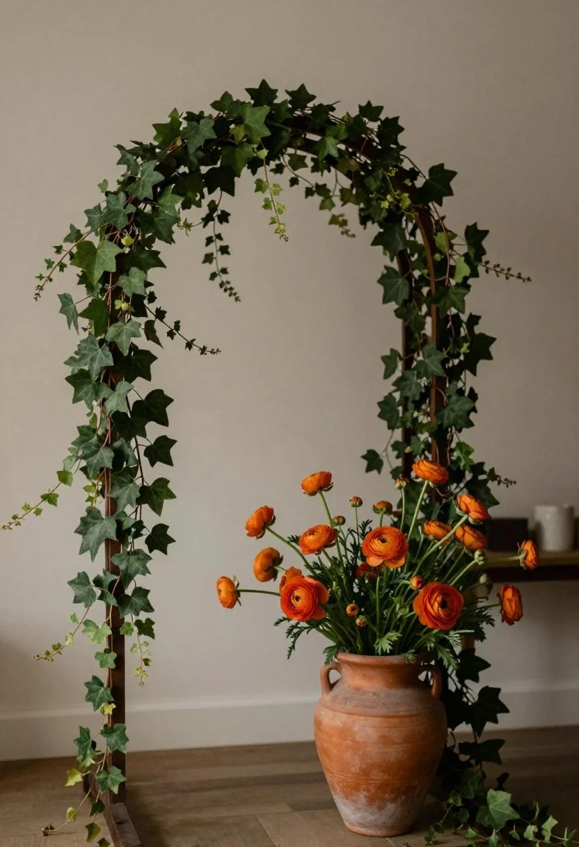 Cottagecore arch post with persimmon ranunculus blooms and vintage terracotta vase at the base