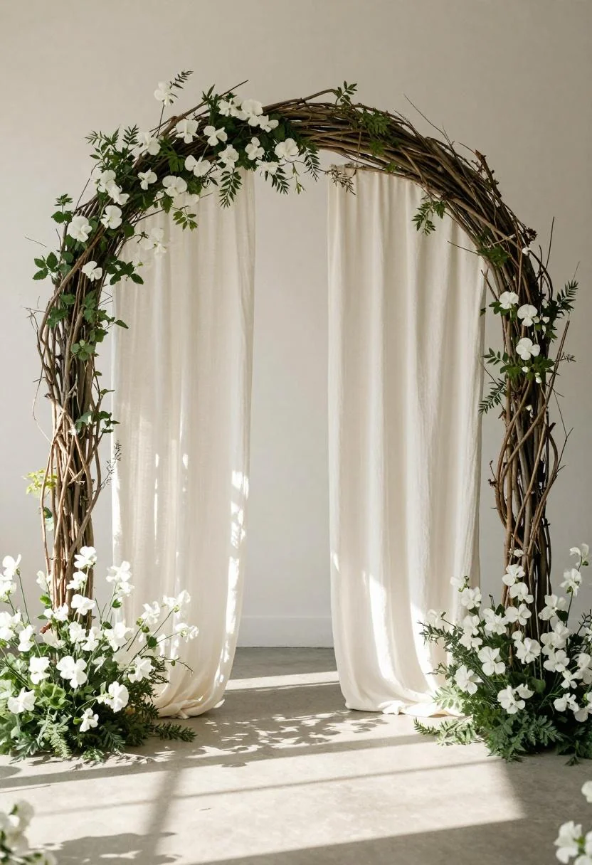 Bleached willow arch with cream linen panels and white sweet pea flower cluster at the top