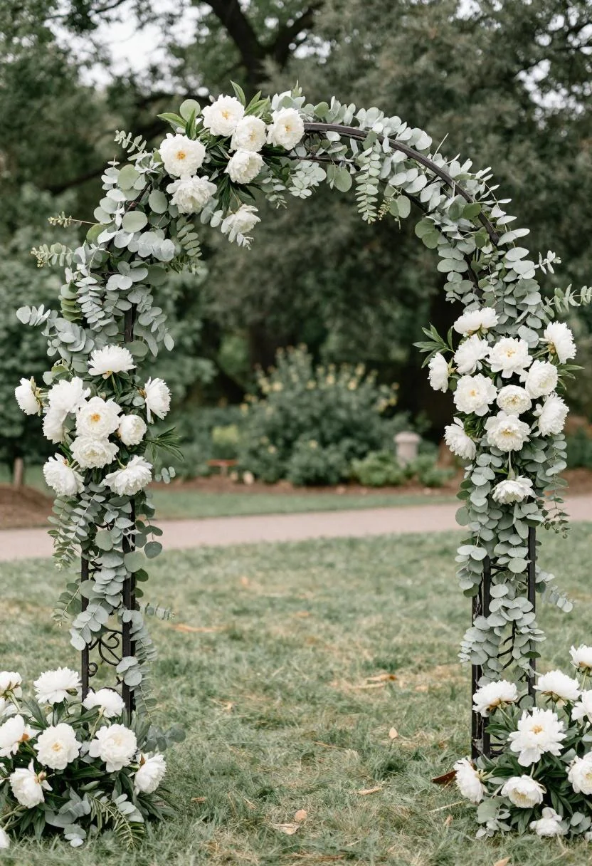 Wrought iron arch threaded with sage eucalyptus garlands and white peony bunches