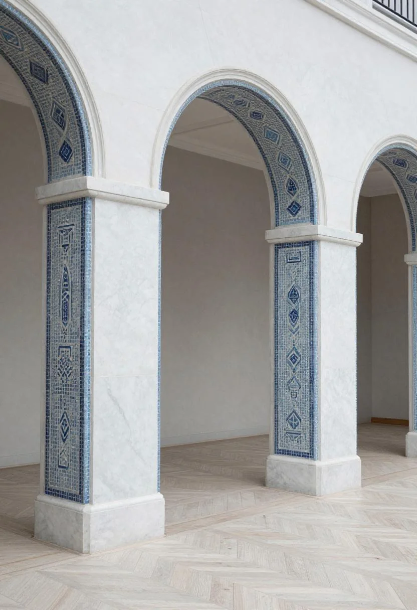 Neo Deco white marble ceremony arch with cool blue geometric mosaic inlay on oak parquet