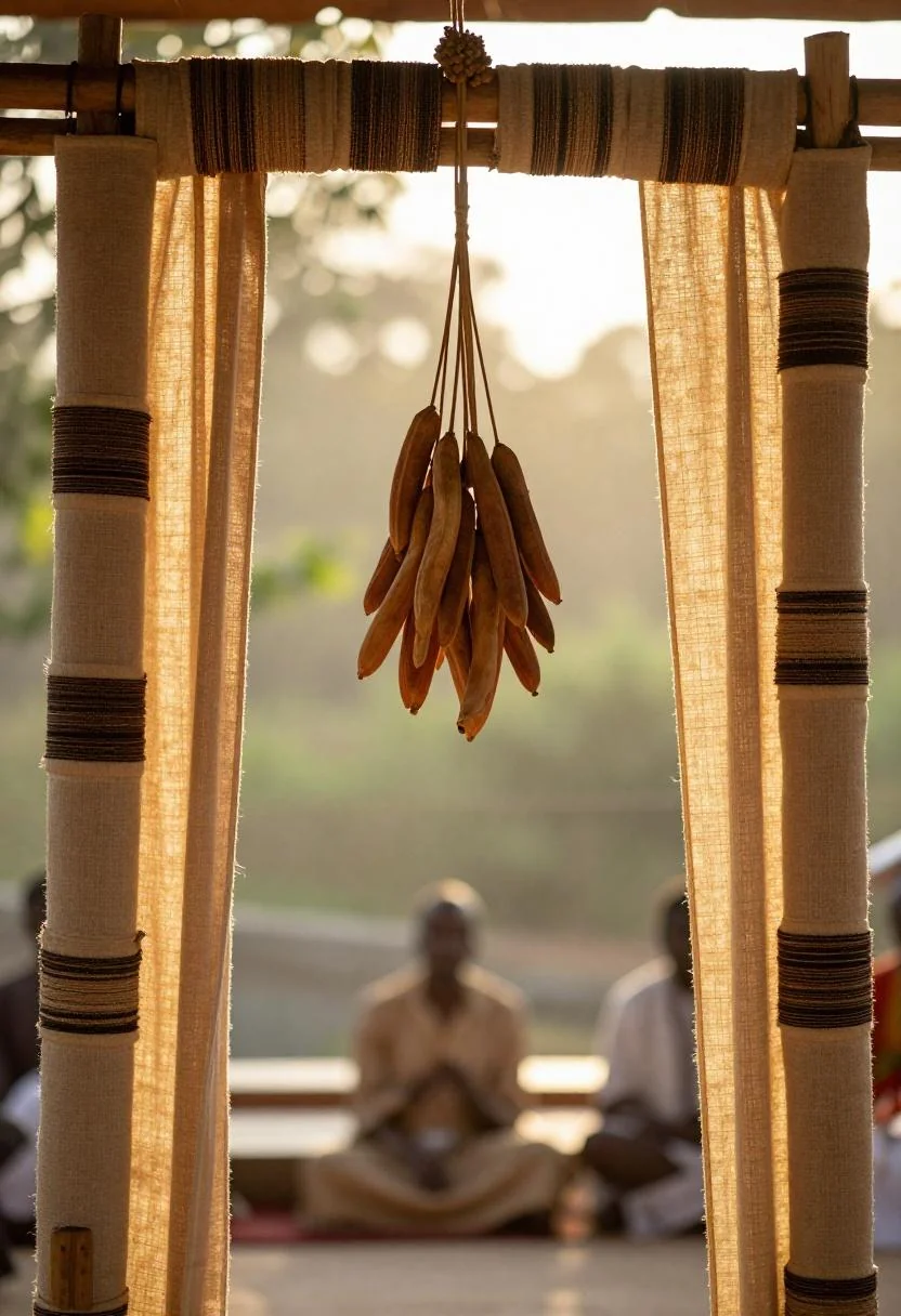 Afrohemian rattan arch with mudcloth plum noir lashings and dried baobab seed pod centerpiece