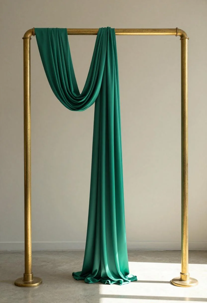 Polished brass pipe arch with a single jade green silk charmeuse swag at the top