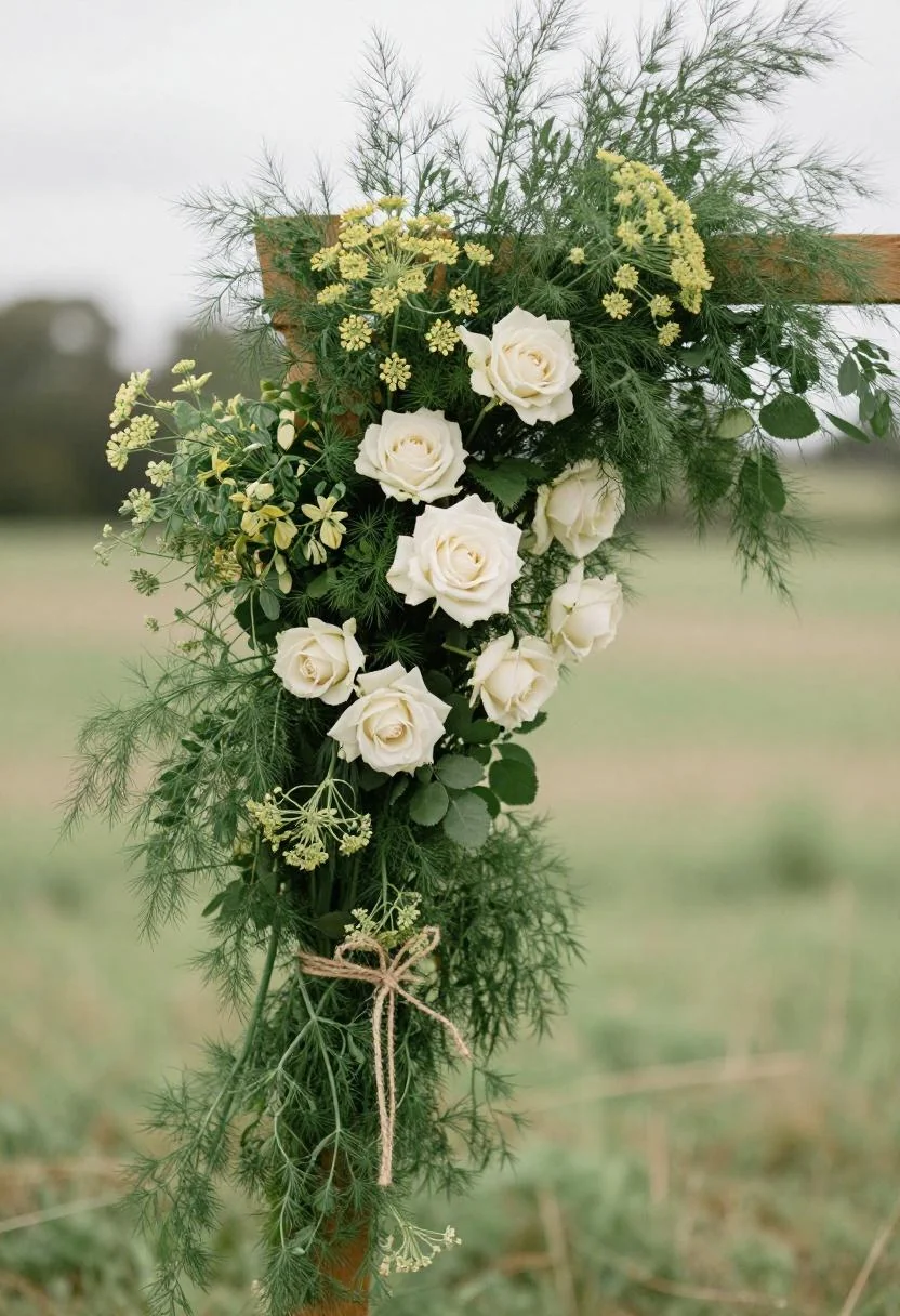 Cottagecore arch crown detail with wasabi fennel fronds and cream roses tied in jute ribbon