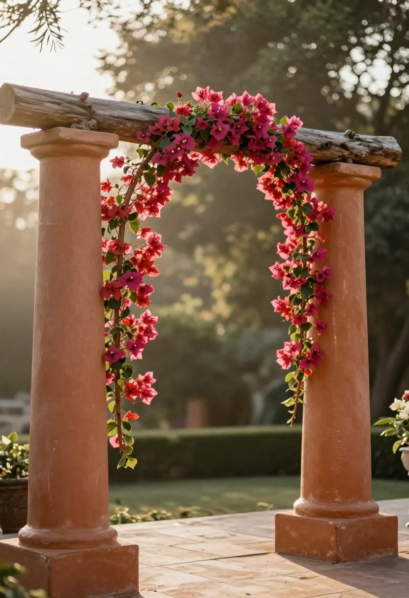 Terracotta ceramic column arch with driftwood crossbeam and trailing bougainvillea