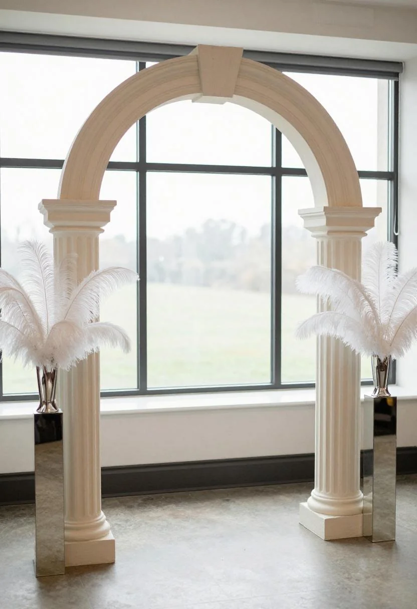 Neo Deco fluted cream plaster arch with white ostrich feathers in mirrored vases at each base