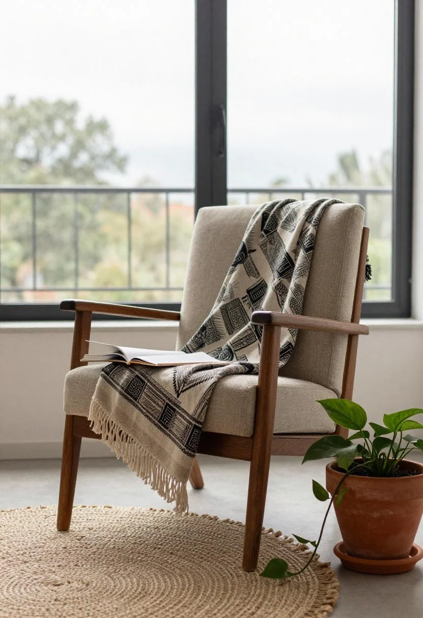 Afrohemian reading corner with plum mudcloth throw and carved mahogany chair