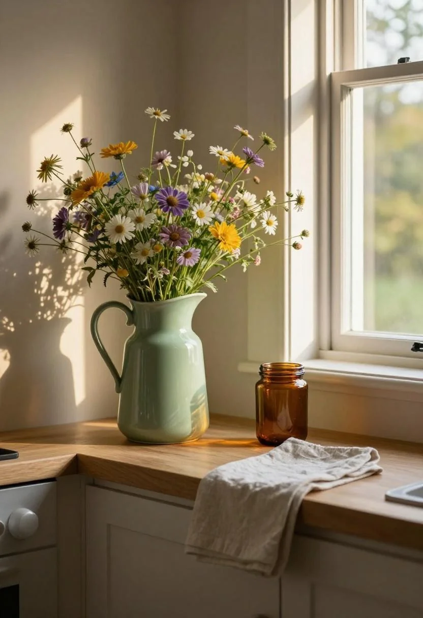 Cottagecore kitchen windowsill with jade green ceramic pitcher and wildflowers