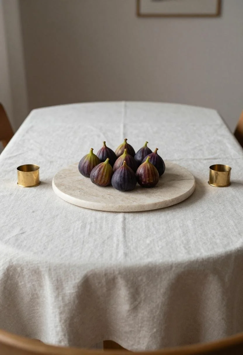 Minimalist dining table with wasabi linen cloth and travertine serving board