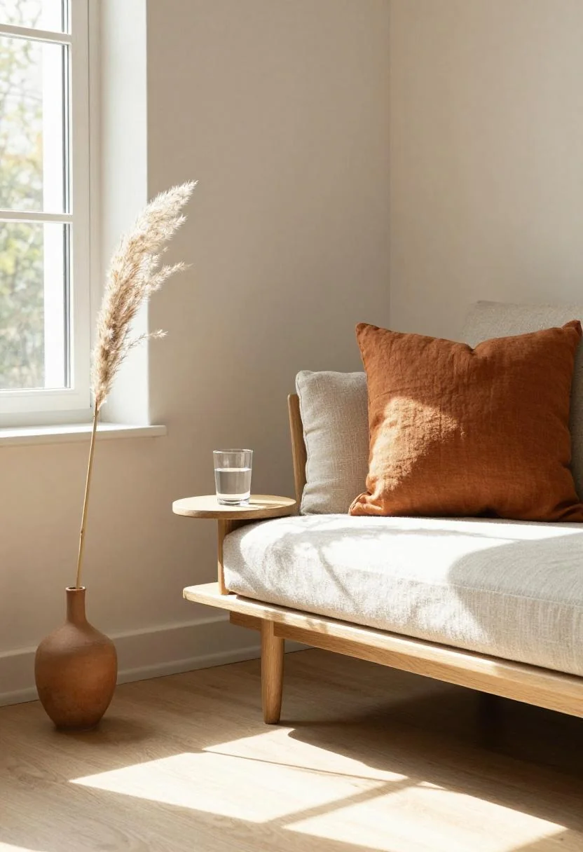 Bold color corner with persimmon linen cushion and dried pampas in terracotta vase