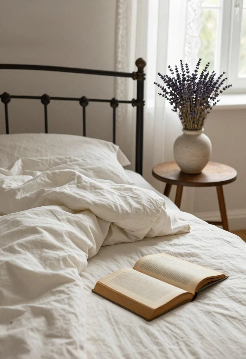 Cottagecore bedroom with cream white cotton quilt and dried lavender in stoneware vase