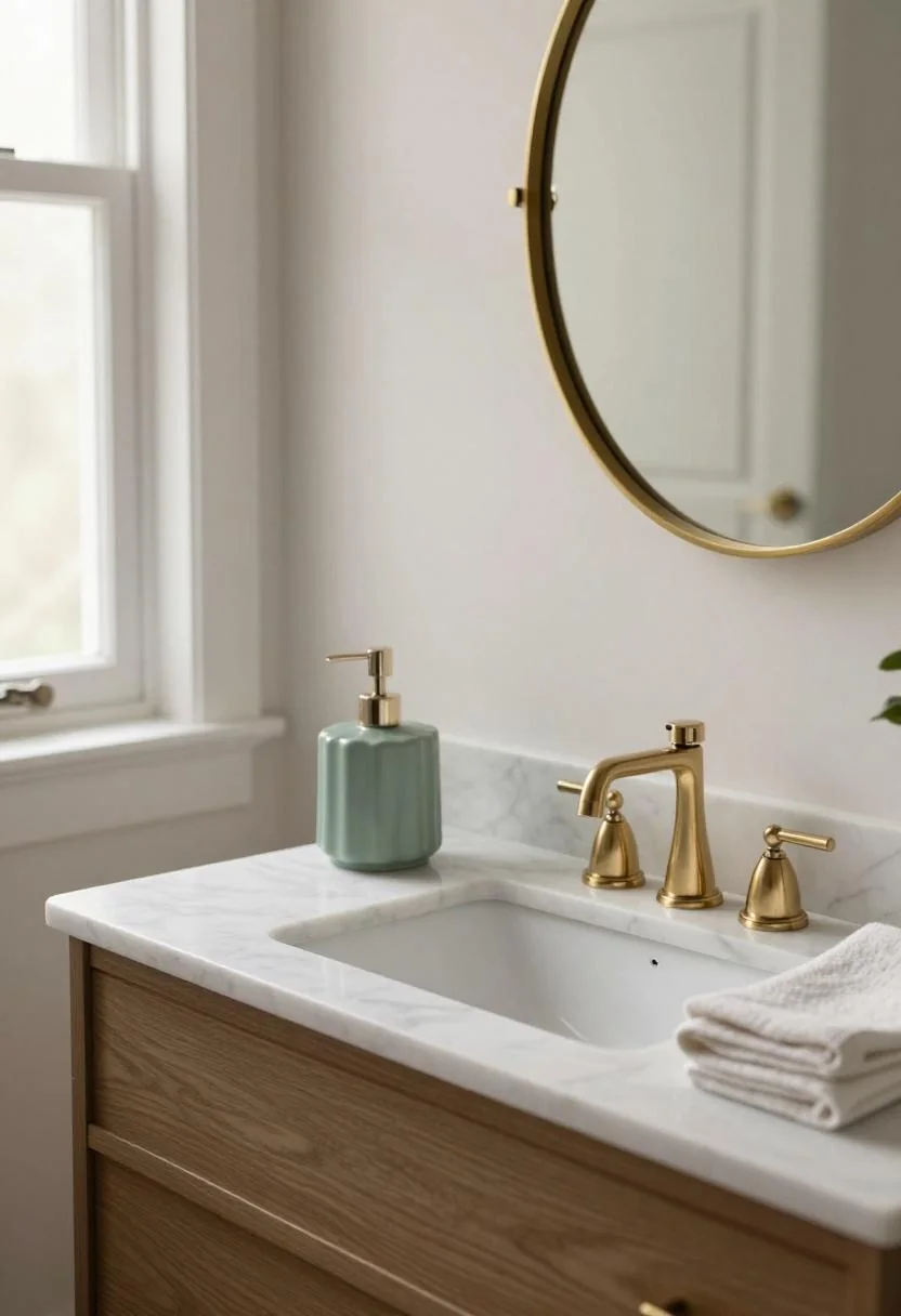 Neo Deco bathroom vanity with sage green fluted ceramic and brass oval mirror