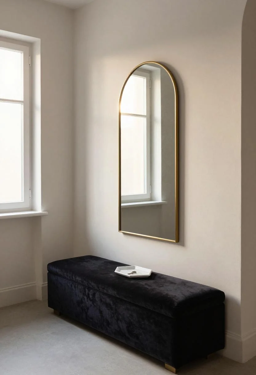 Neo Deco entryway with plum noir velvet bench and tall arched brass mirror