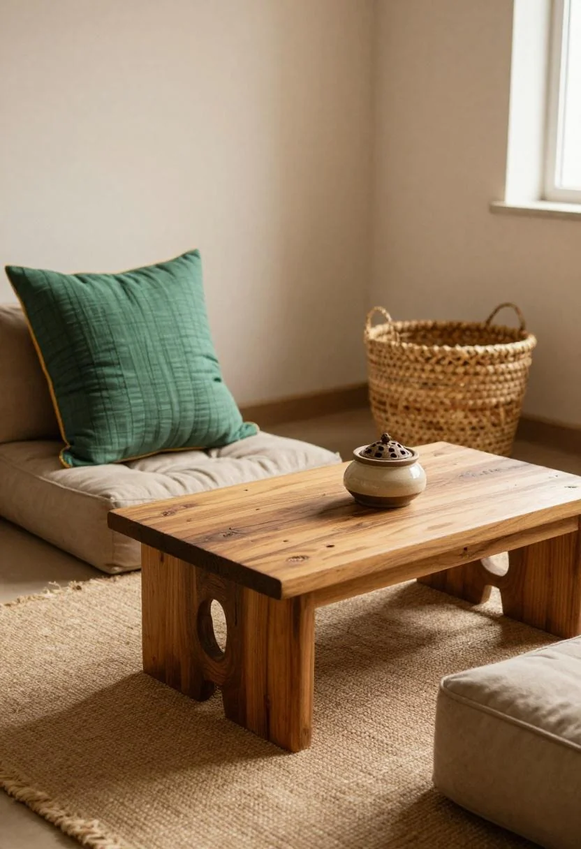 Afrohemian living room with jade green mudcloth pillow and carved teak coffee table