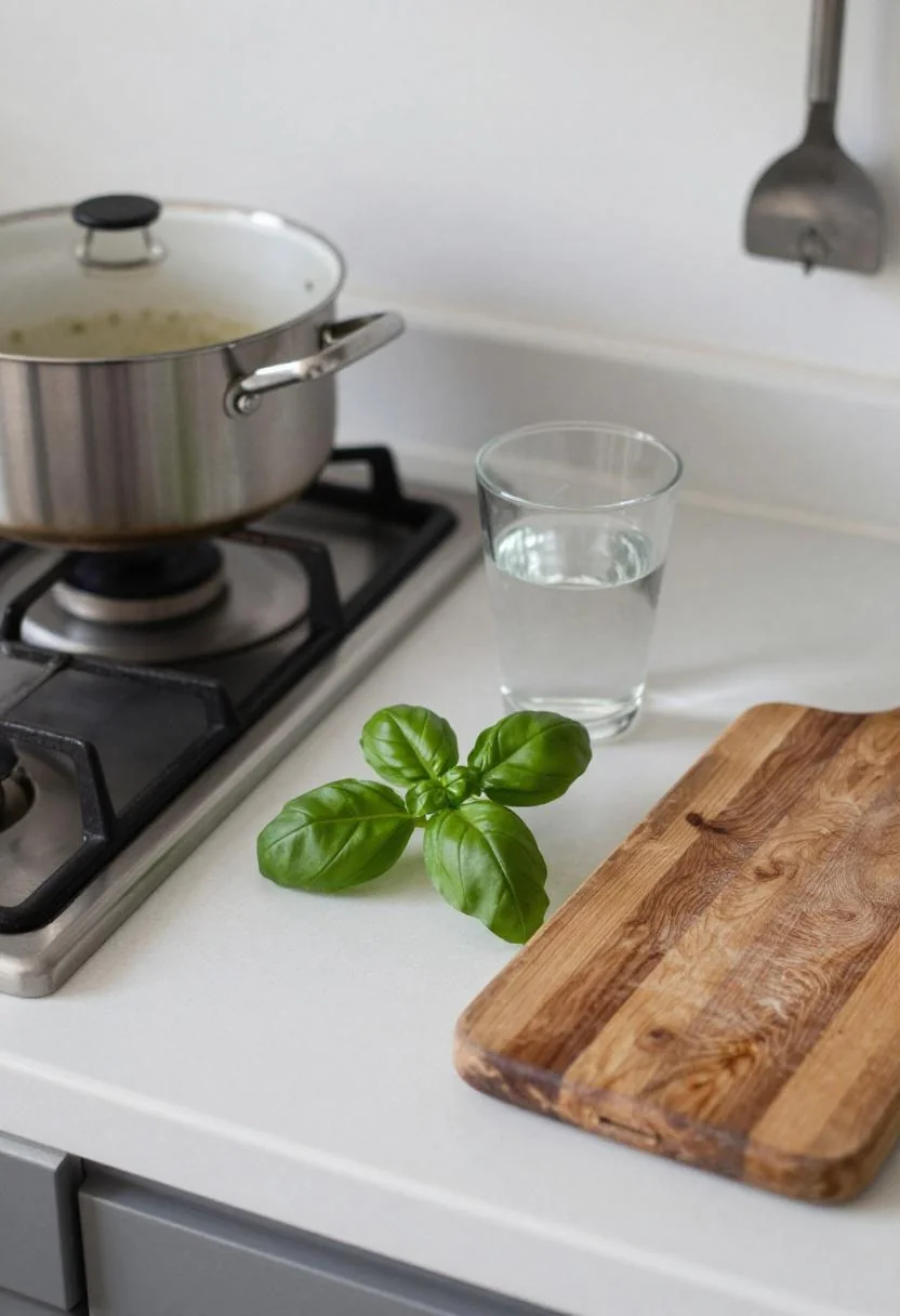 Kitchen counter with wasabi enamel pot and olive wood cutting board