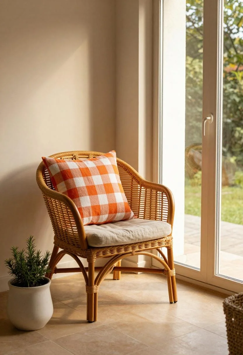 Cottagecore sunroom with persimmon gingham cushion on rattan armchair