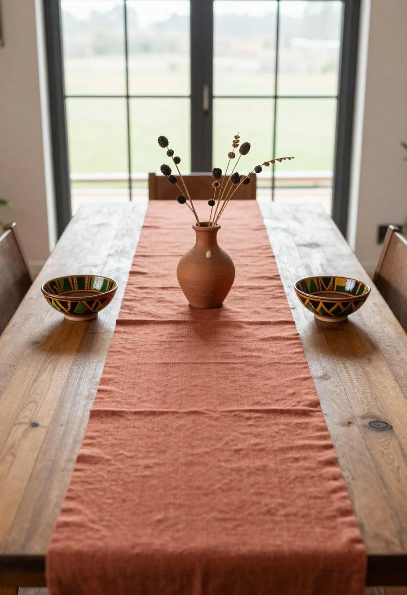 Afrohemian dining table with terracotta linen runner and kente ceramic bowls