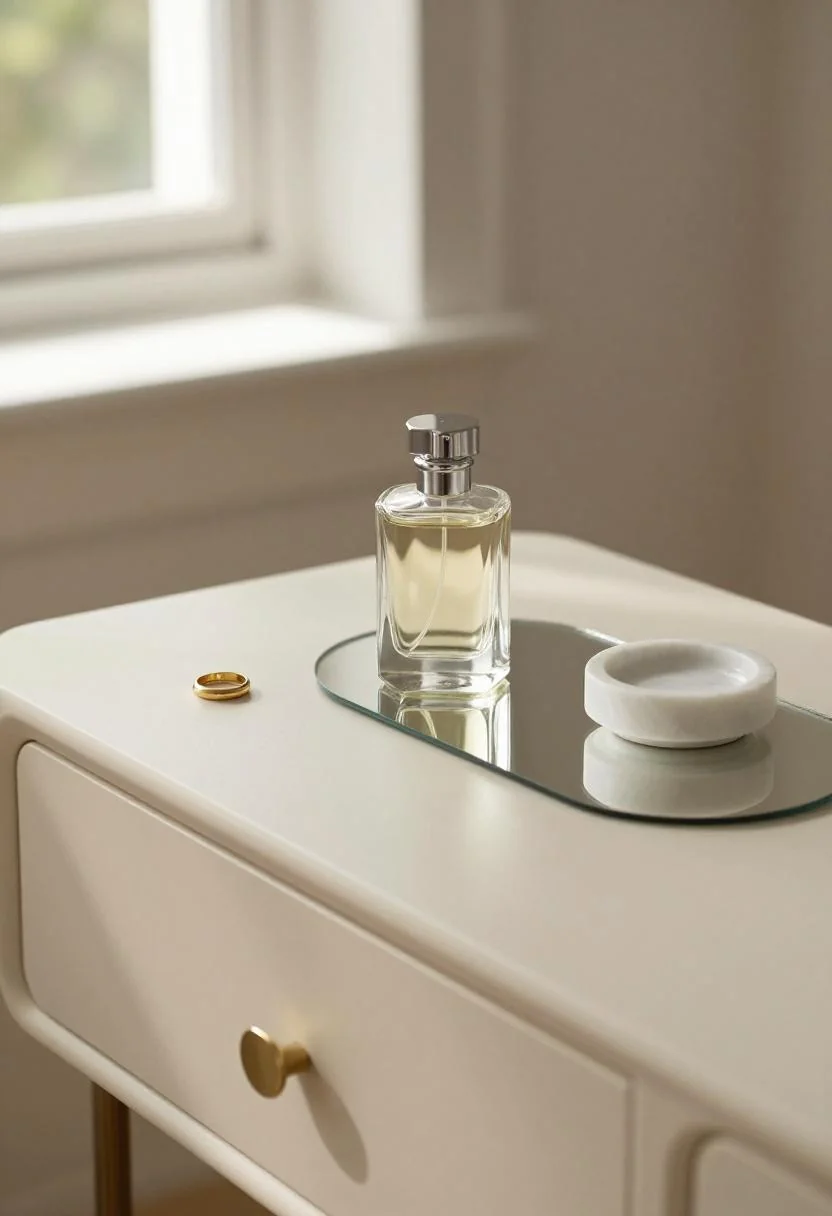 Neo Deco dressing table with cream white boucle tray and fluted glass perfume bottle