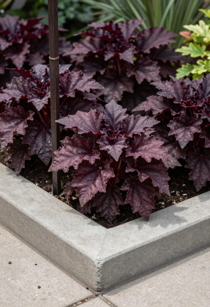 Plum heuchera foliage spilling over a concrete-edged corner garden bed