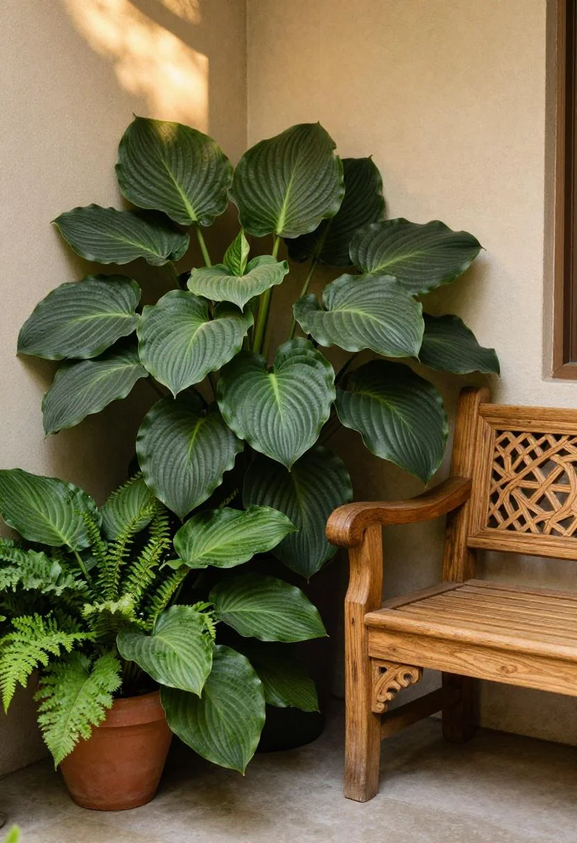 Jade green hostas and ferns in a shaded corner bed beside a weathered teak garden bench