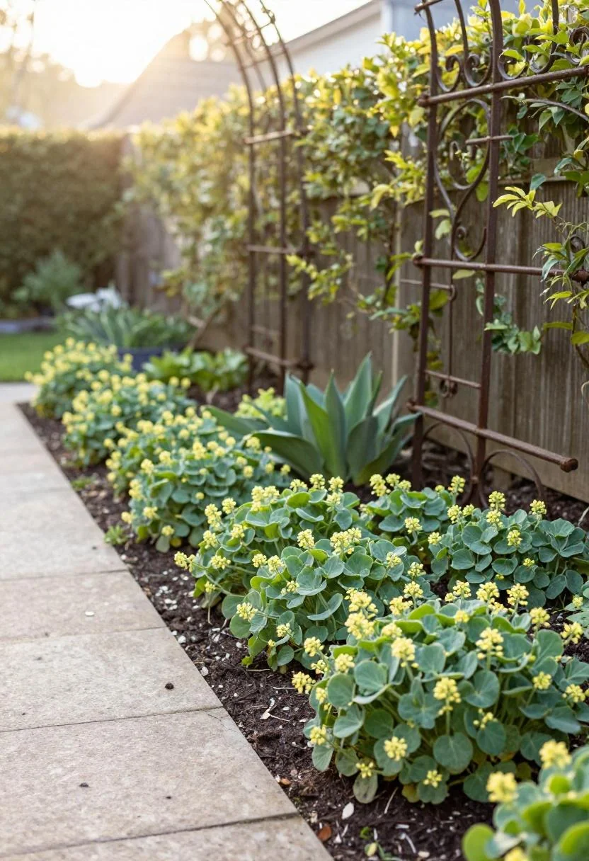 Wasabi-toned lady's mantle with scalloped leaves edging a stone path in a corner flower bed