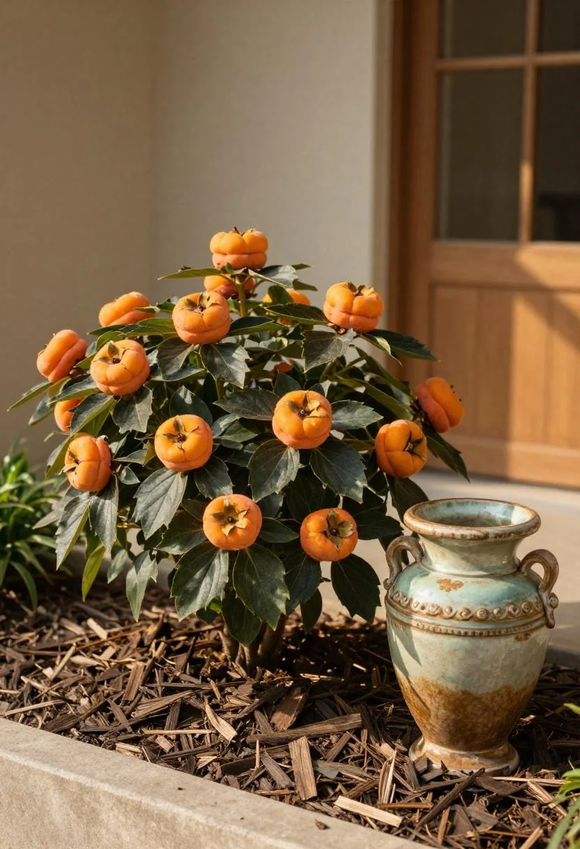 Persimmon geum blooms in a cottagecore corner bed with a glazed ceramic urn as focal point