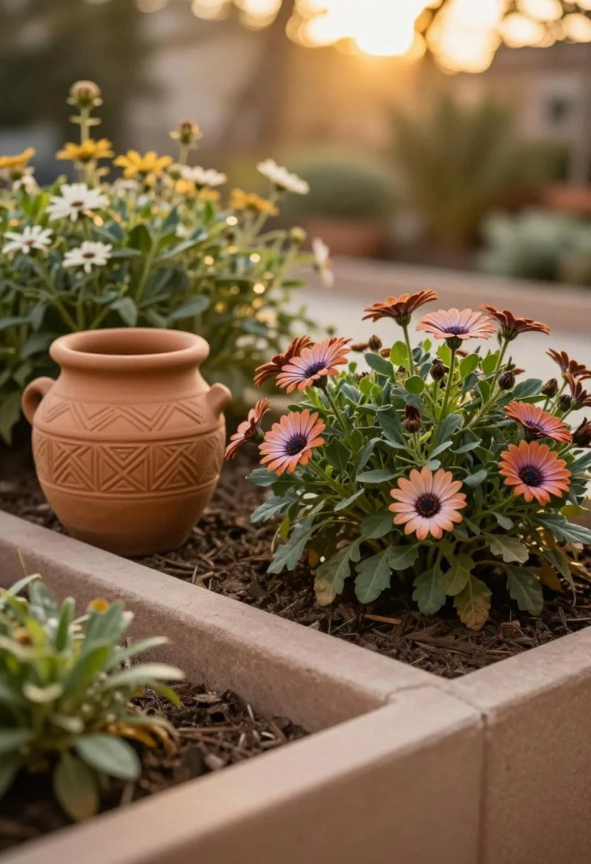 Terracotta-toned African daisies in a sunny corner bed with a carved clay pot accent