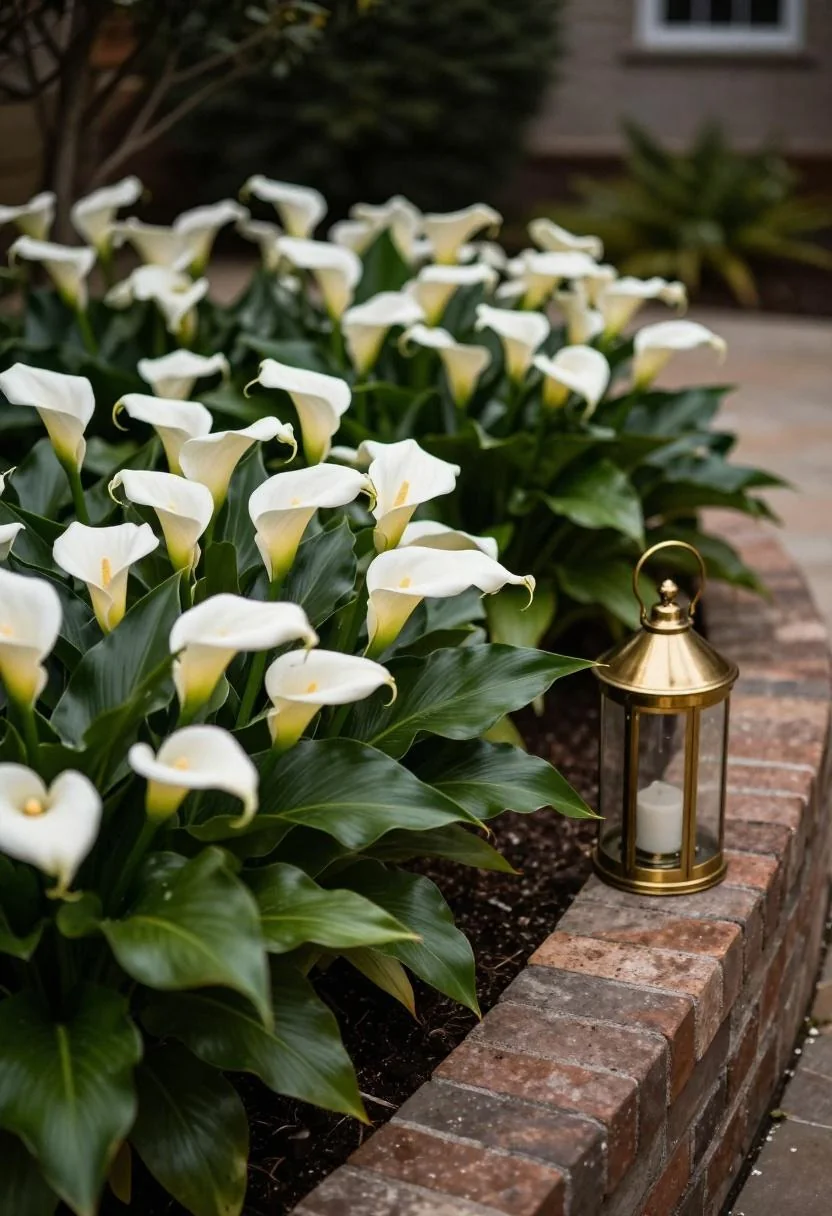 Cream white calla lilies in a Neo Deco corner bed with a brass lantern accent