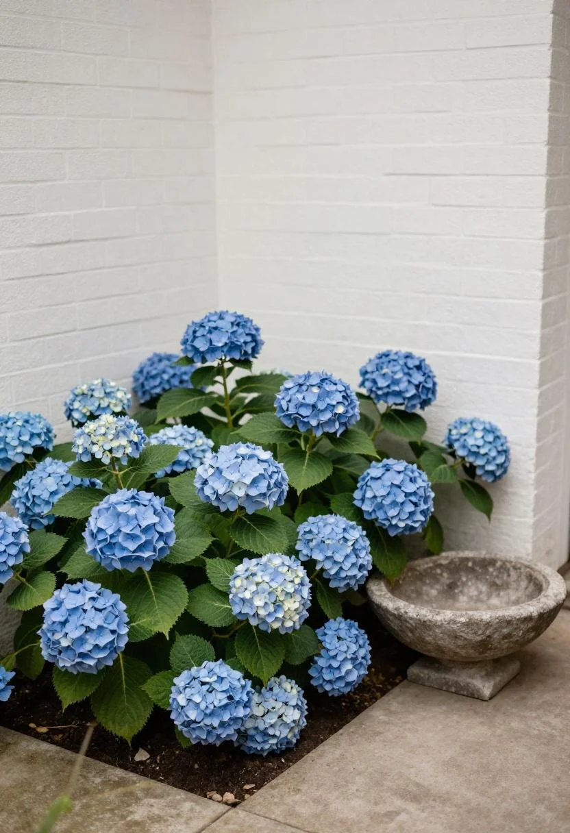 Overhead view of cool blue hydrangeas filling a corner bed against an old brick wall