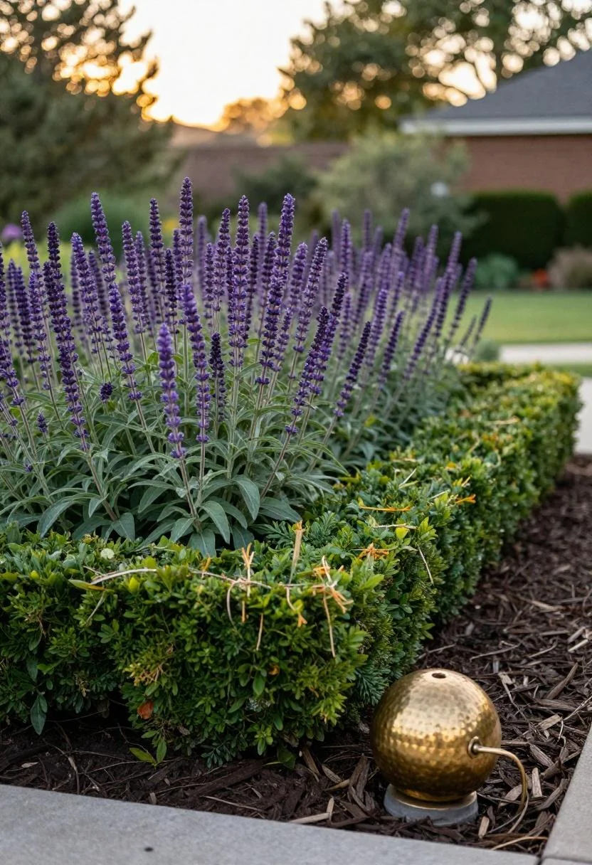 Plum salvia spires in a maximalist corner bed with a brass garden sphere as accent