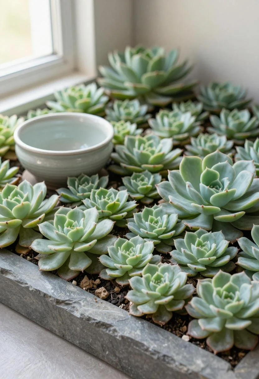 Jade green succulents arranged in a slate-edged corner bed with a ceramic bowl planter