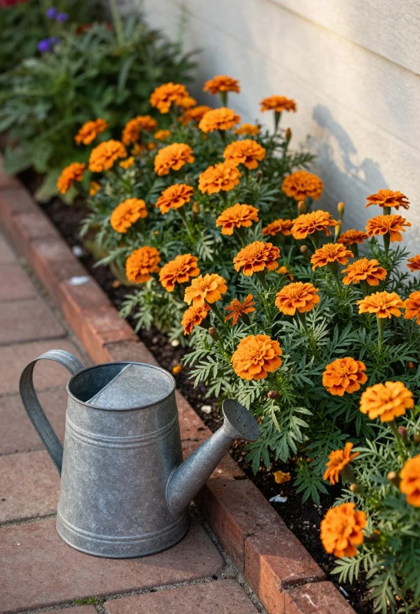Persimmon marigolds in a cottagecore corner bed styled with a galvanized watering can