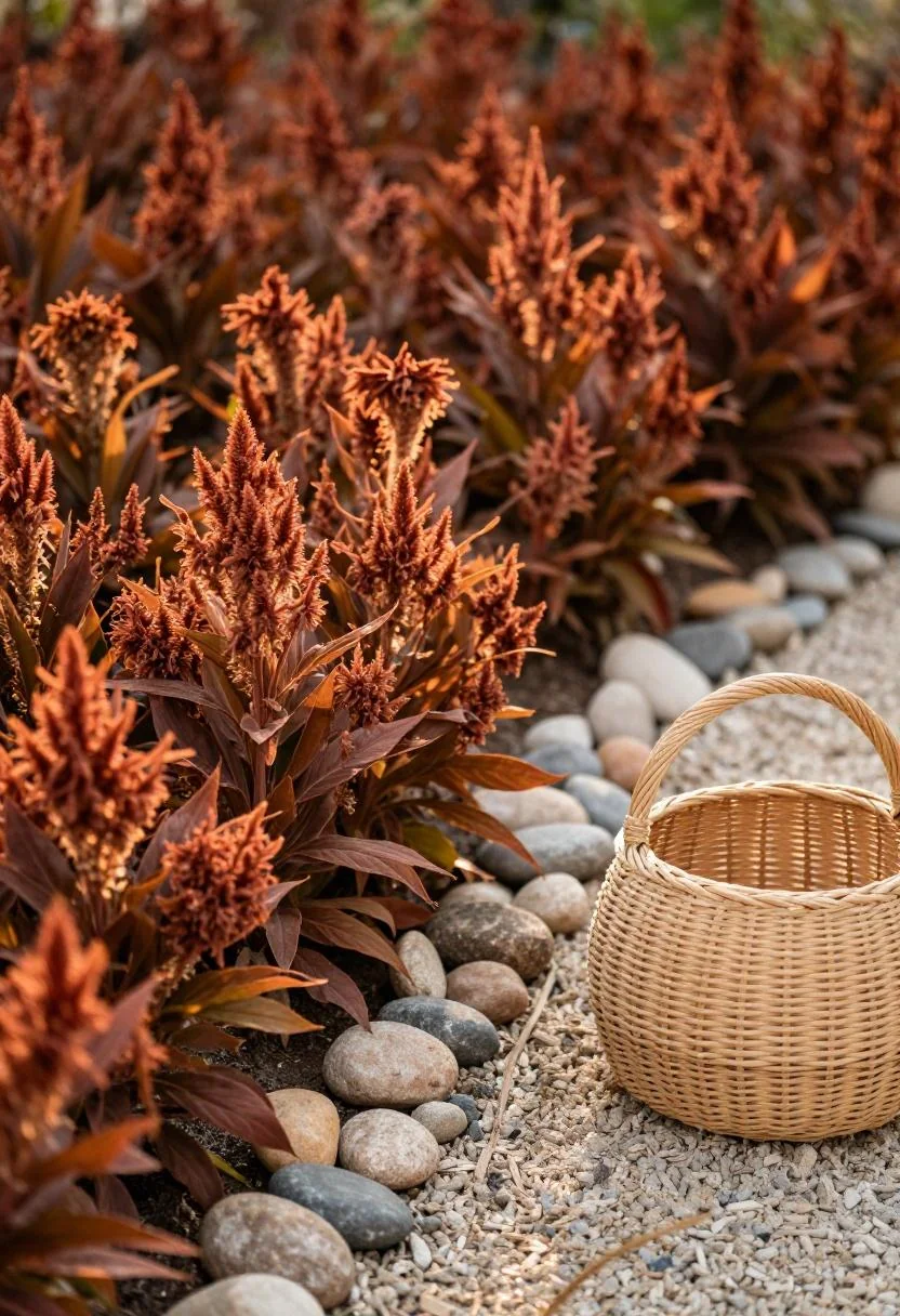 Terracotta celosia plumes in an Afrohemian-styled corner bed with a rattan basket accent