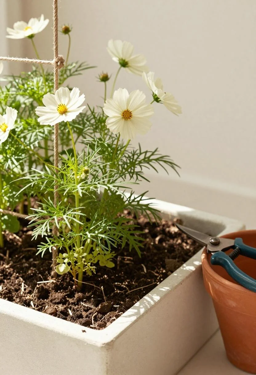 Cream white cosmos in an airy corner bed styled with linen twine and old pruning shears