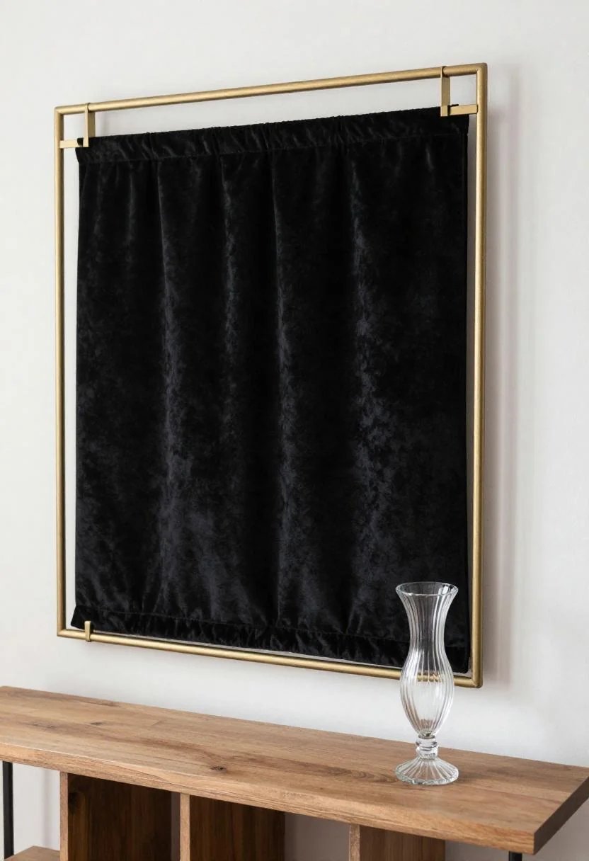 Neo Deco plum velvet and brass geometric frame backdrop with walnut console