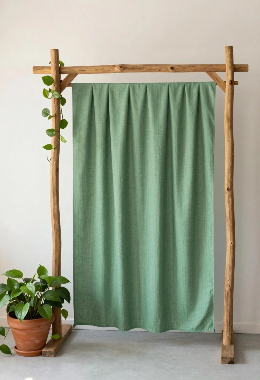 Afrohemian jade mudcloth backdrop draped over a carved acacia arch