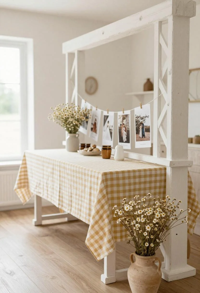 Cottagecore wasabi gingham backdrop on whitewashed oak trellis with dried chamomile