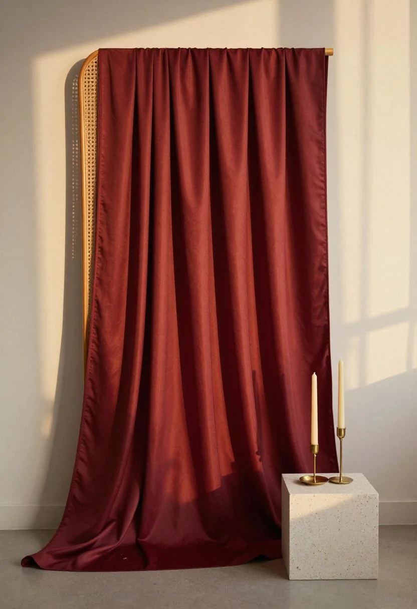 Persimmon silk panels behind a rattan arch with brass candleholder on travertine