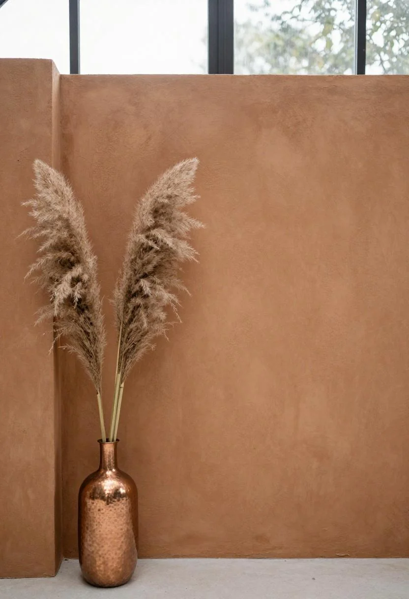 Warm terracotta limewash wall backdrop with pampas plume in a hammered copper vase