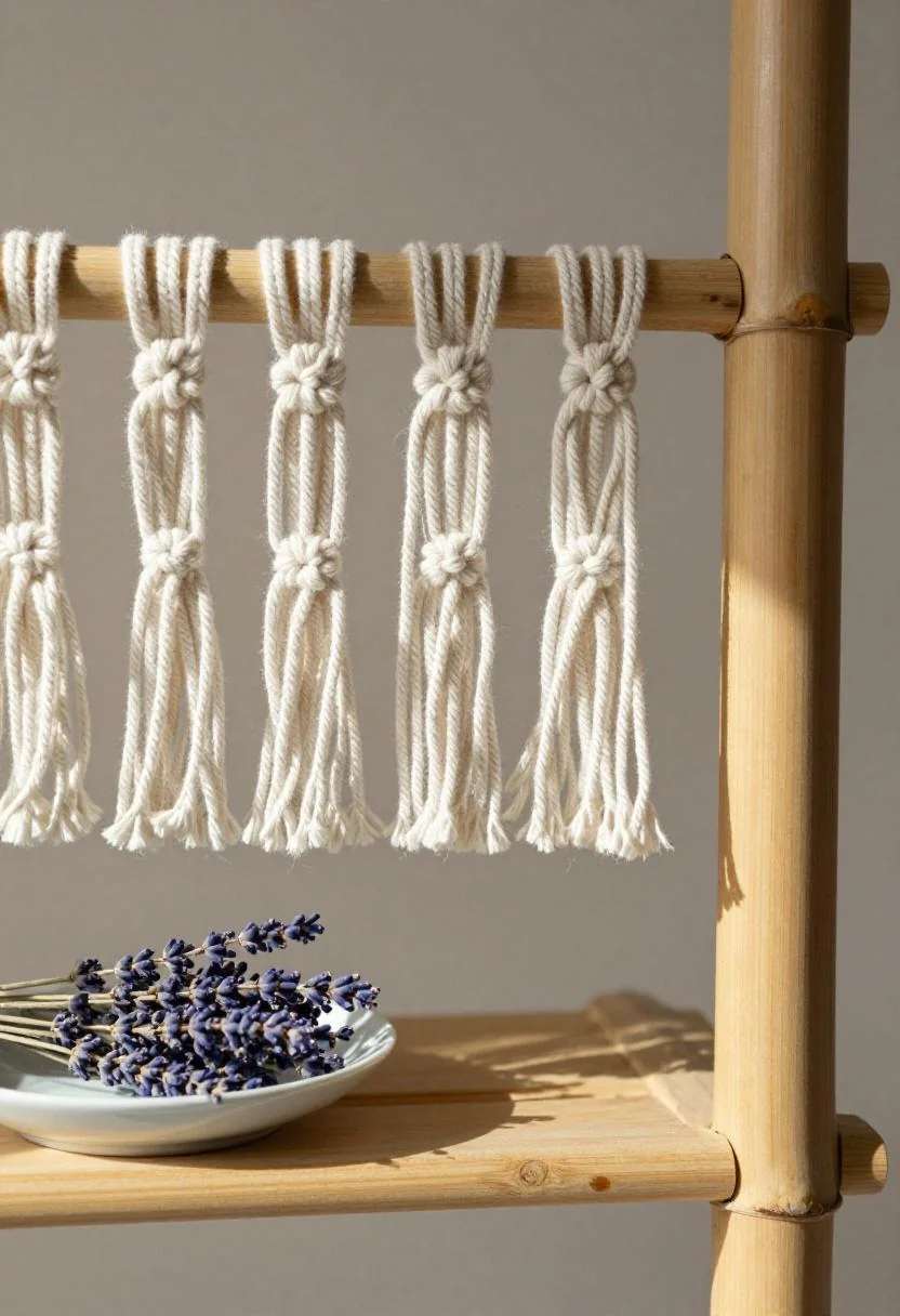 Cream white macramé backdrop on bamboo dowel with lavender on a pine shelf