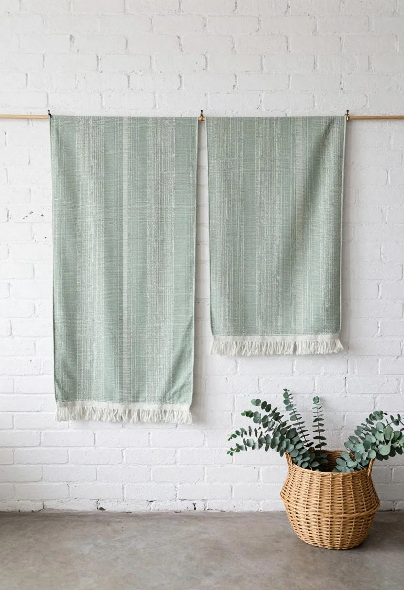 Sage green kente-inspired woven textile backdrop against whitewashed brick wall