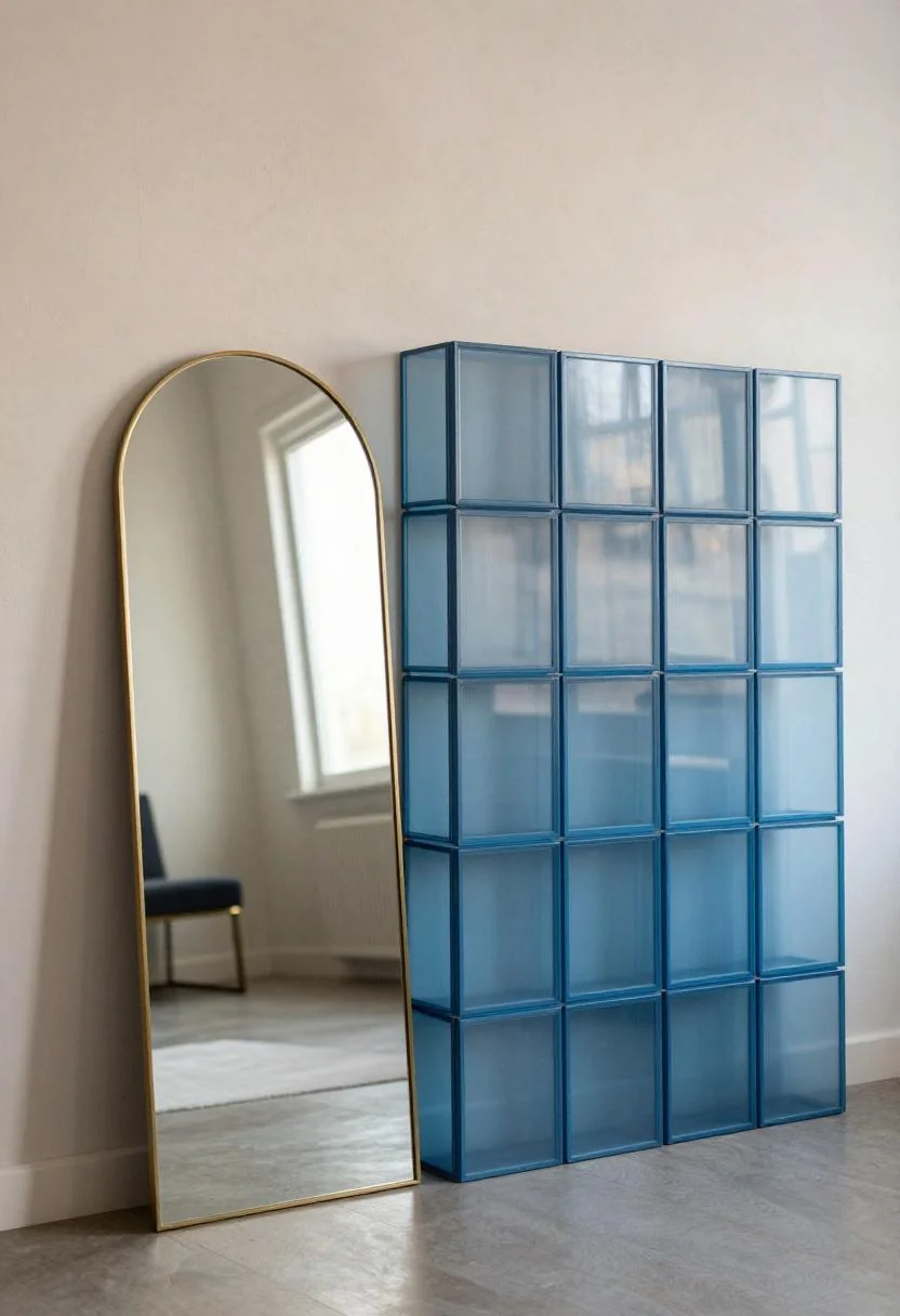 Cool blue fluted glass triptych backdrop with a leaning arched brass mirror