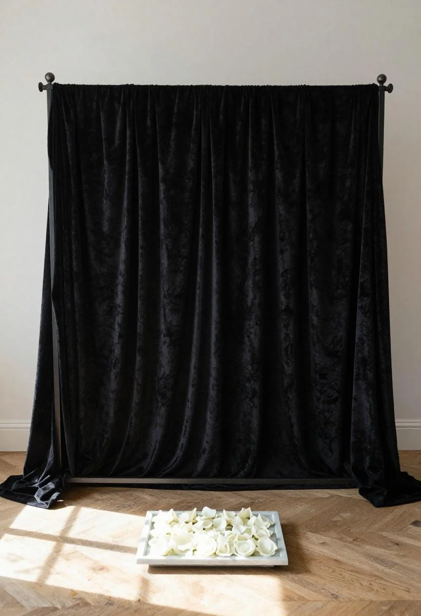 Plum noir velvet draped four-poster iron frame backdrop with marble rose petal tray