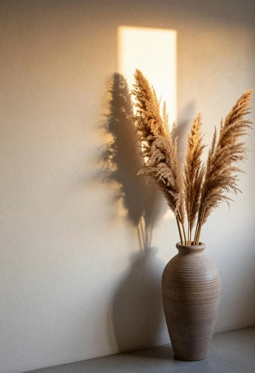Wasabi limewash backdrop with oversized bunny tail grass in a ribbed stoneware vase