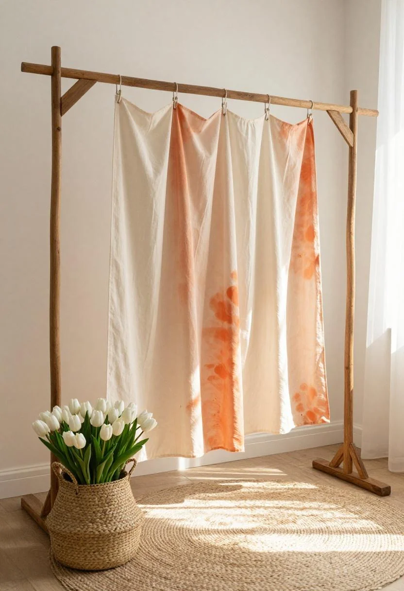Persimmon hand-dyed cotton backdrop on carved mango wood arch with tulips in seagrass basket