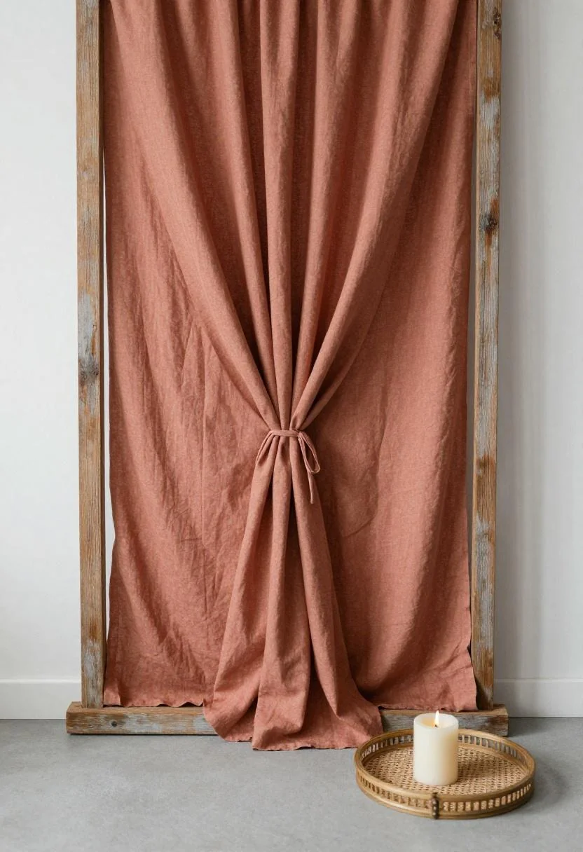 Warm terracotta linen gathered on a weathered pine frame with a beeswax candle on cane tray