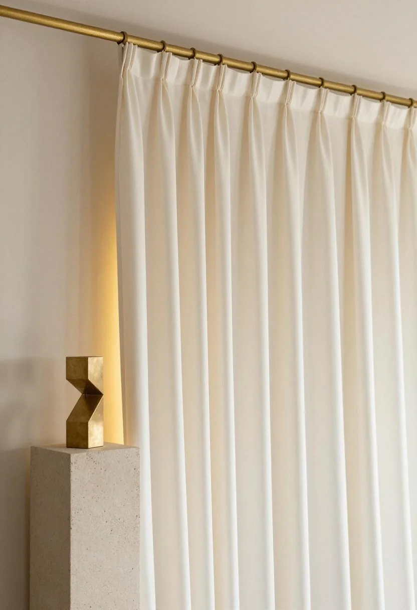 Cream white pleated silk panels on brass rod with obsidian candleholder on a fluted plaster column