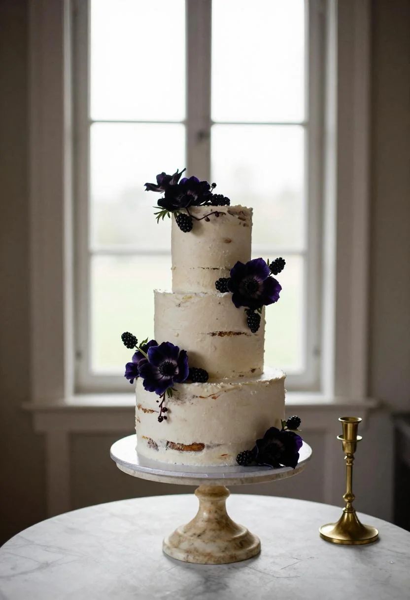 Semi-naked wedding cake with plum anemones and blackberry vines on a marble pedestal