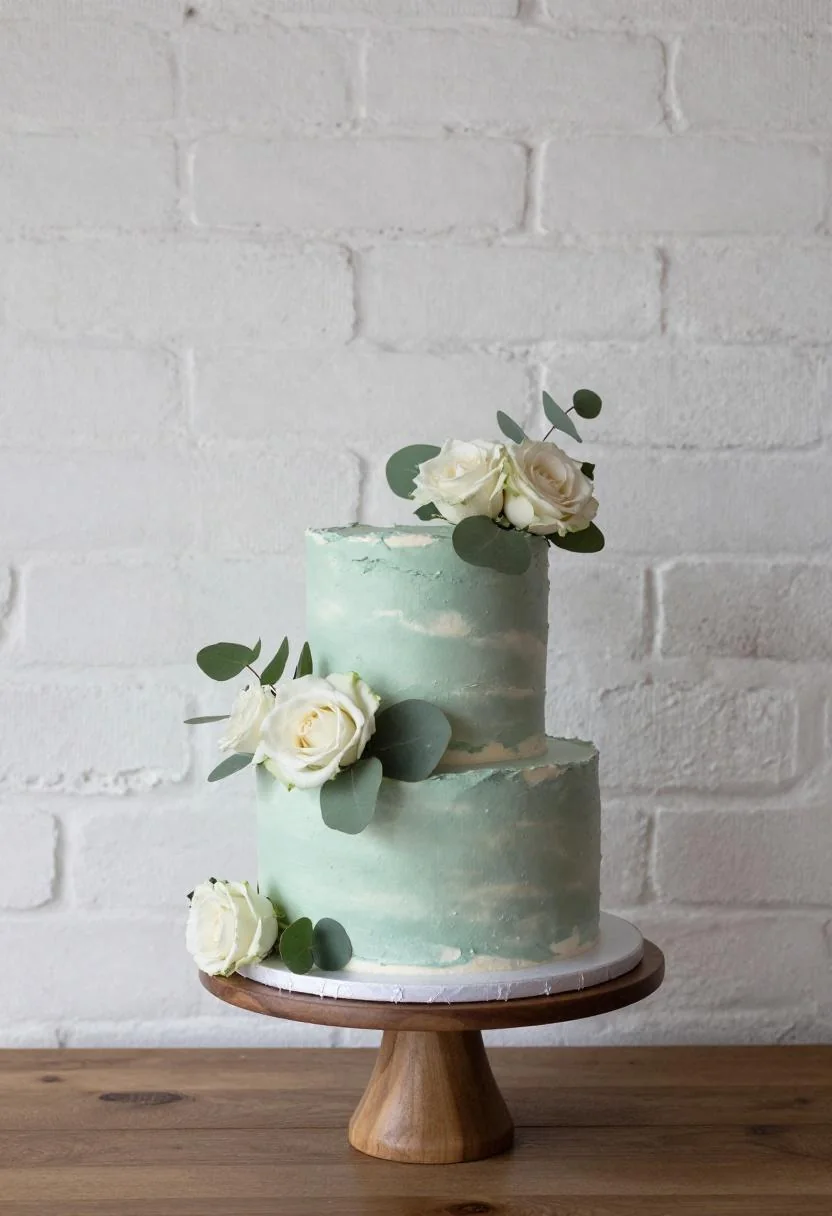 Two-tier wedding cake draped in jade eucalyptus and ivory roses on a walnut stand